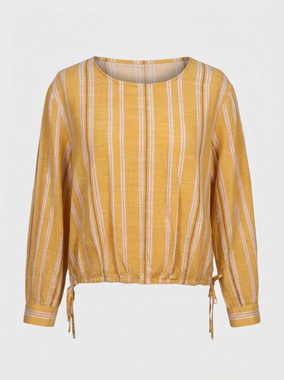 a.n.a Striped Mustard and White Drawstring-Hem Long Sleeve Top